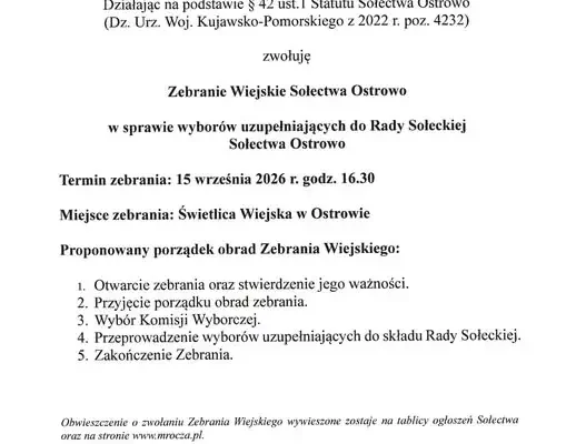 Zebranie Wiejskie w Ostrowie – wybory uzupełniające do Rady Sołeckiej