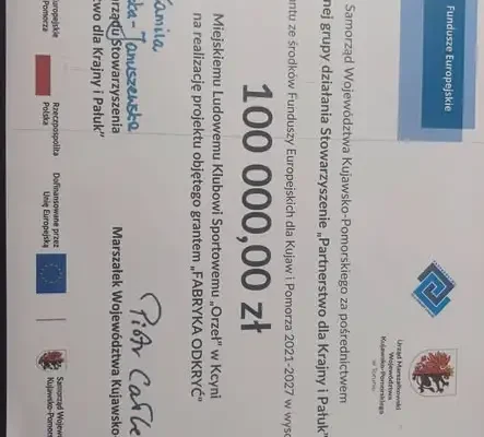 100 tys. zł dla Orła Kcynia na projekt „Fabryka Odkryć”