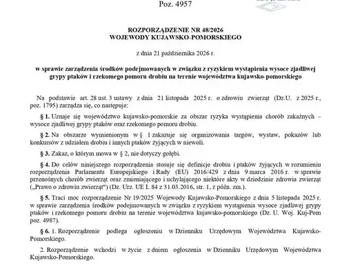 Nowe rozporządzenie wojewody: kujawsko-pomorskie obszarem ryzyka grypy ptaków i rzekomego pomoru drobiu