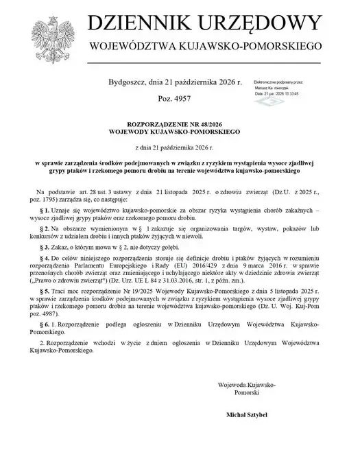 Nowe rozporządzenie wojewody: kujawsko-pomorskie obszarem ryzyka grypy ptaków i rzekomego pomoru drobiu